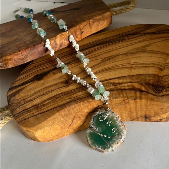 Handmade green geode with sea glass accents Necklace - Picture 7 of 13